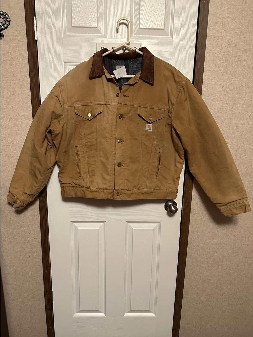 Carhartt Tan Canvas Bomber Jacket with Dark Brown Collar